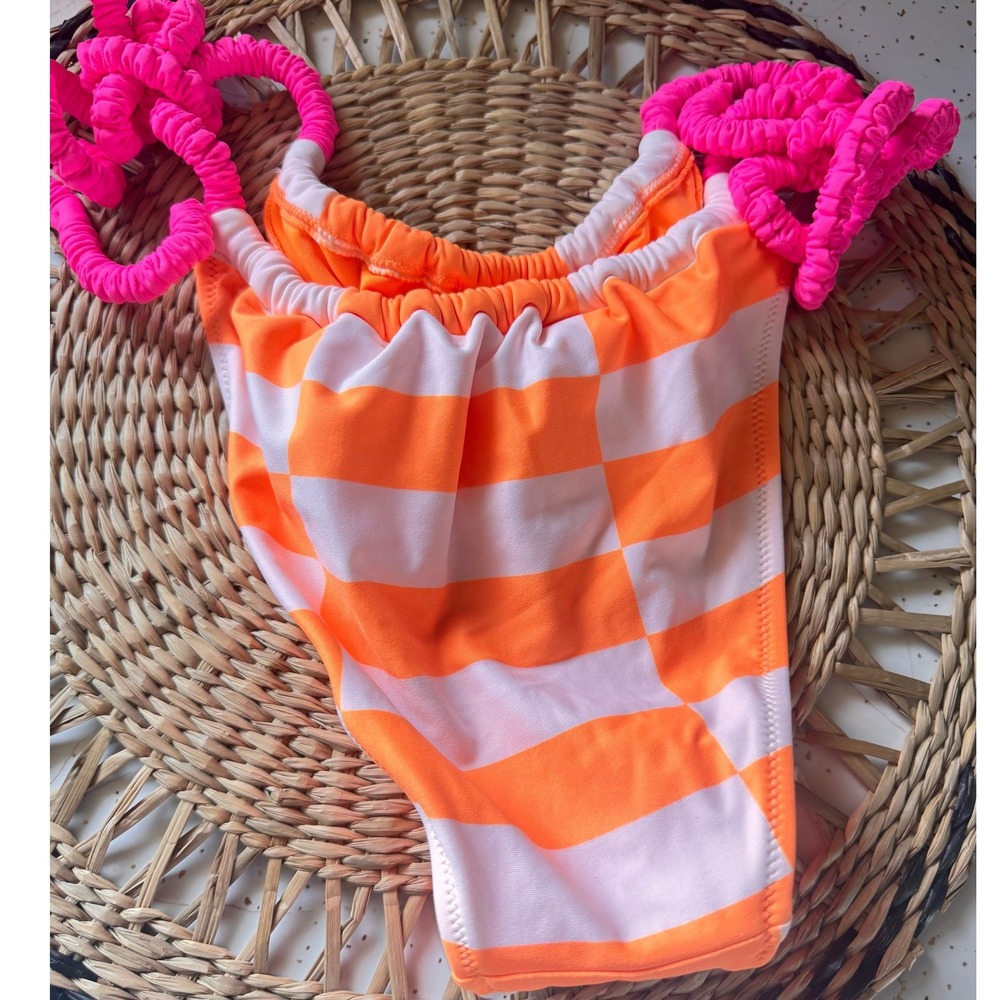 Aerie Real Good Cheekiest Bikini NWT Orange White Checkered Pink Scrunchie S - Picture 2 of 3